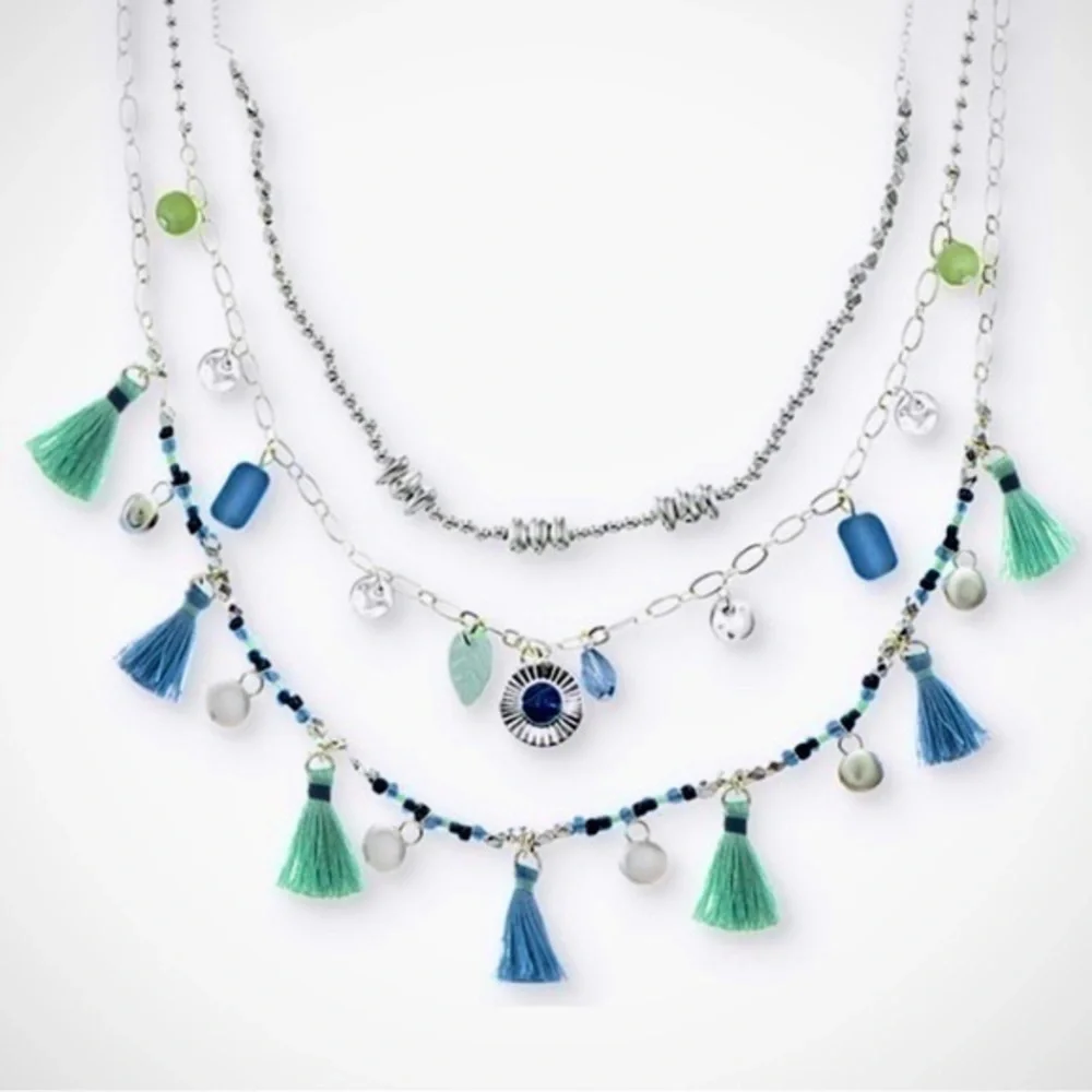 Style & Co Silver-Tone Mixed Bead, Charm & Tassle Long Layered Necklace Boho NIB